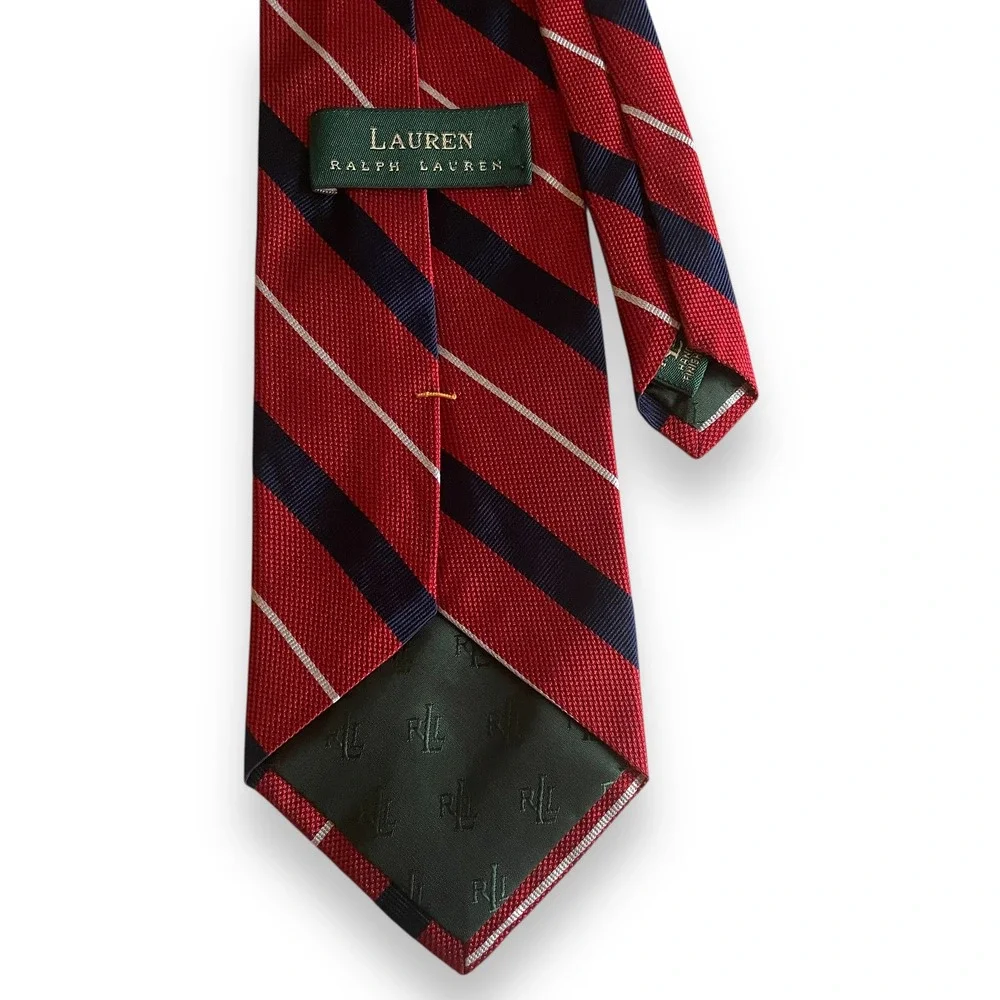 Lauren Ralph Lauren Striped 100% Silk Tie‎ Red Navy White Wide Made  in USA